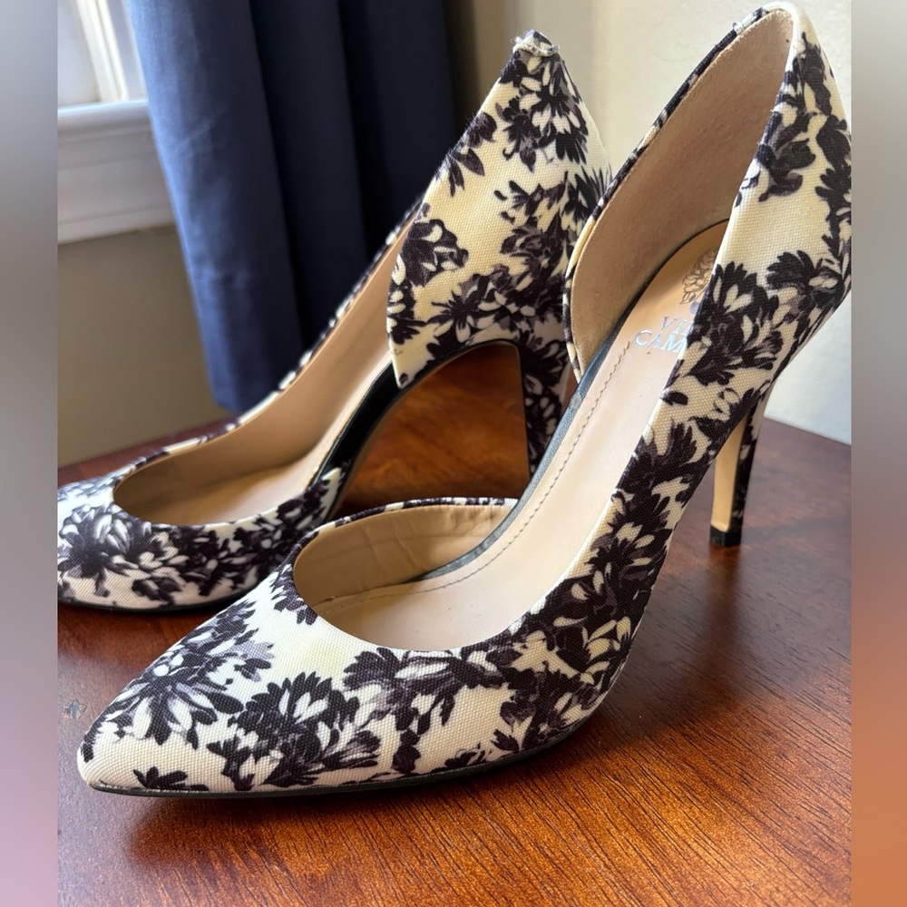 Vince Camuto Halona Black and White Floral Print D’orsay Pumps